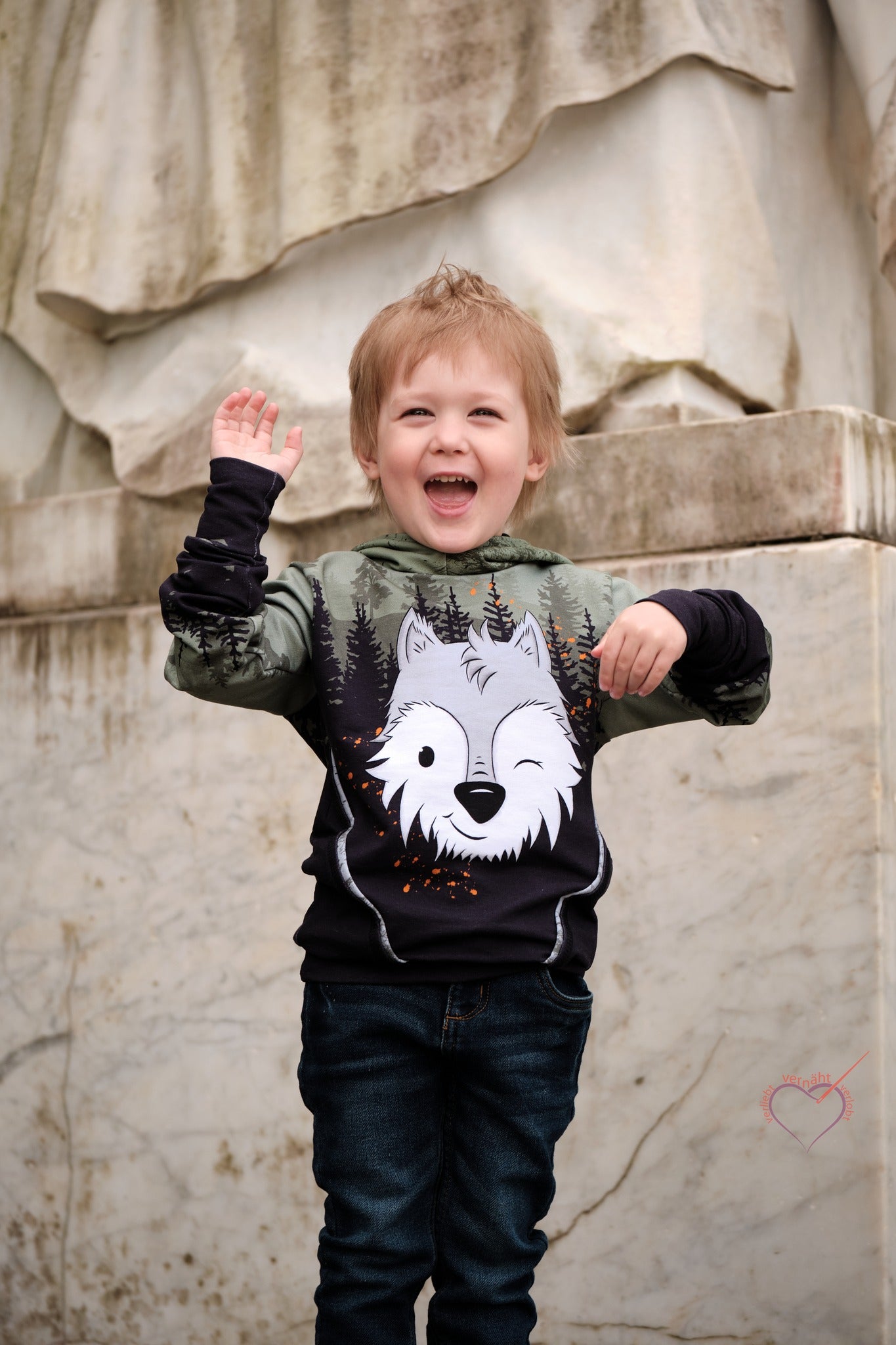 Bio-Sommersweat Limited Edition Waldfreunde Wolfi Wolf grün - Rapport ca. 60-65cm lang