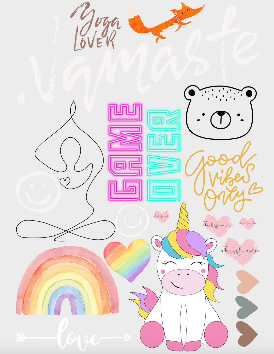 Fuchsfamilie Game Over & Co Bügelbilder-Bogen