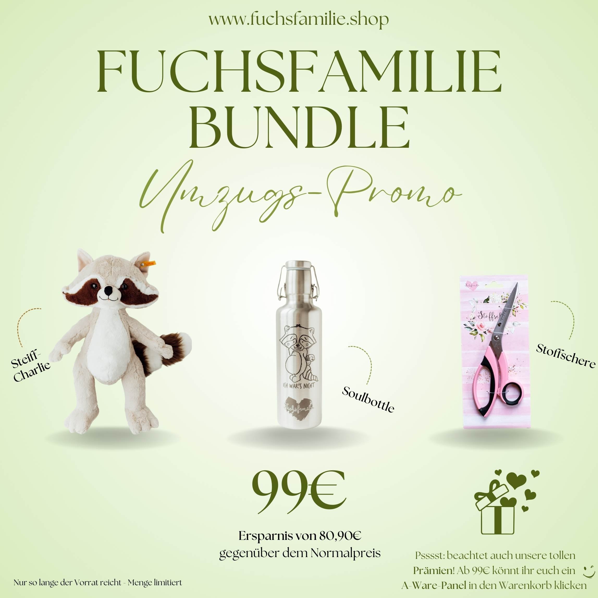 Fuchsfamilie Bundle: Steiff-Charlie, Soulbottle & Stoffschere
