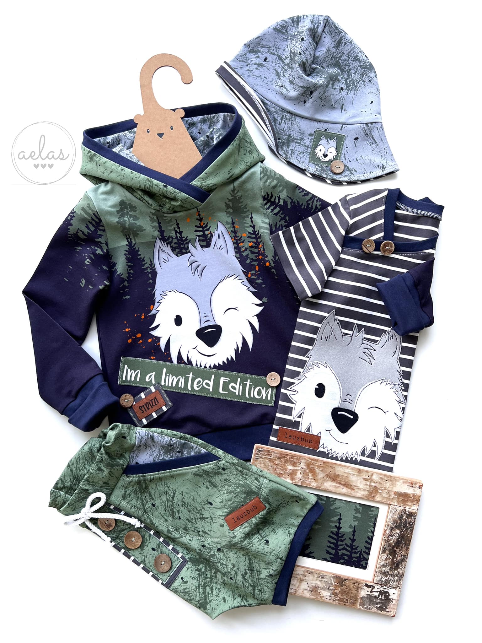 Bio-Sommersweat Limited Edition Waldfreunde Wolfi Wolf grün - Rapport ca. 60-65cm lang