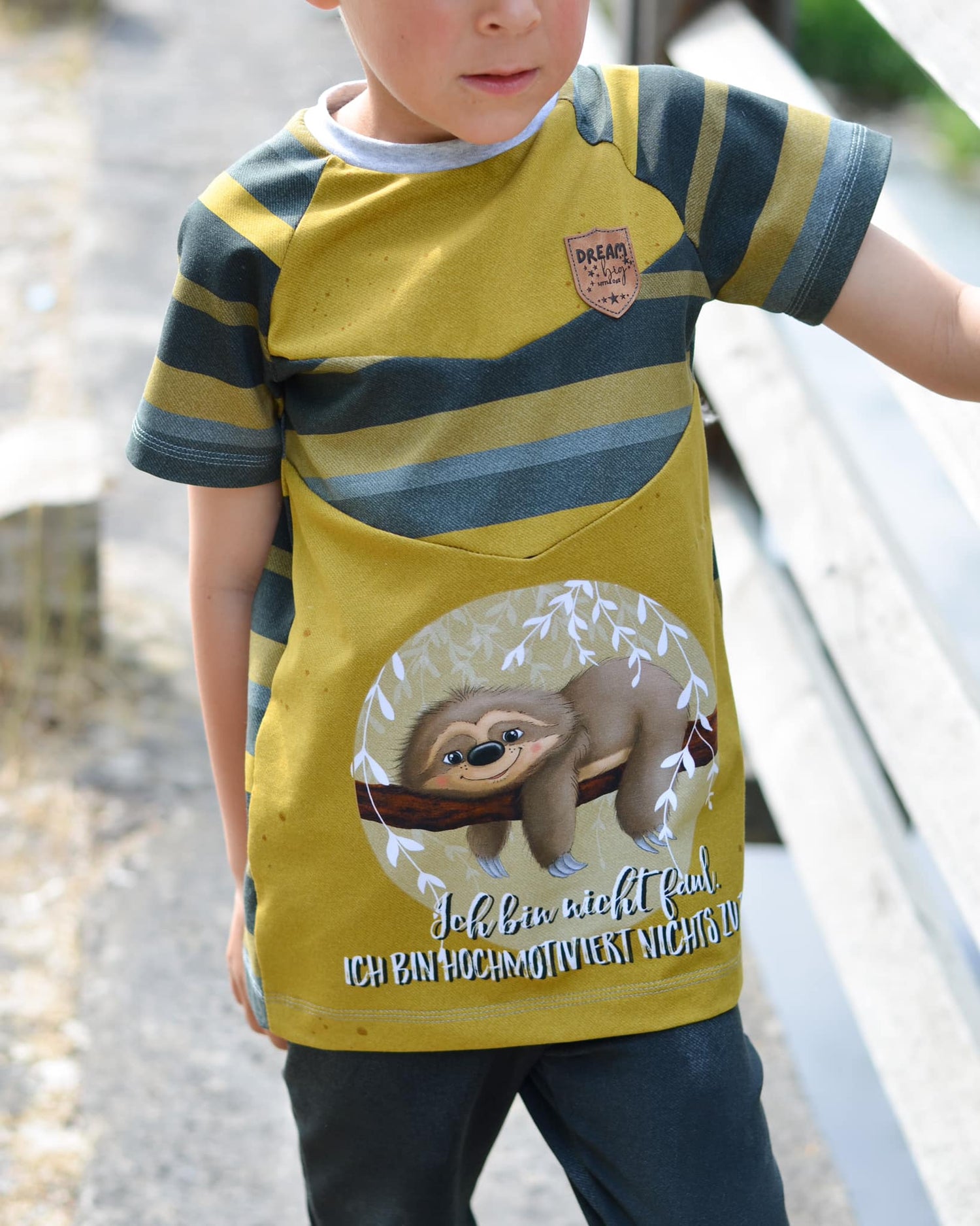 Bio-Jersey Hugo das Faultier &quot;Ich bin nicht faul ...&quot; senfgold 