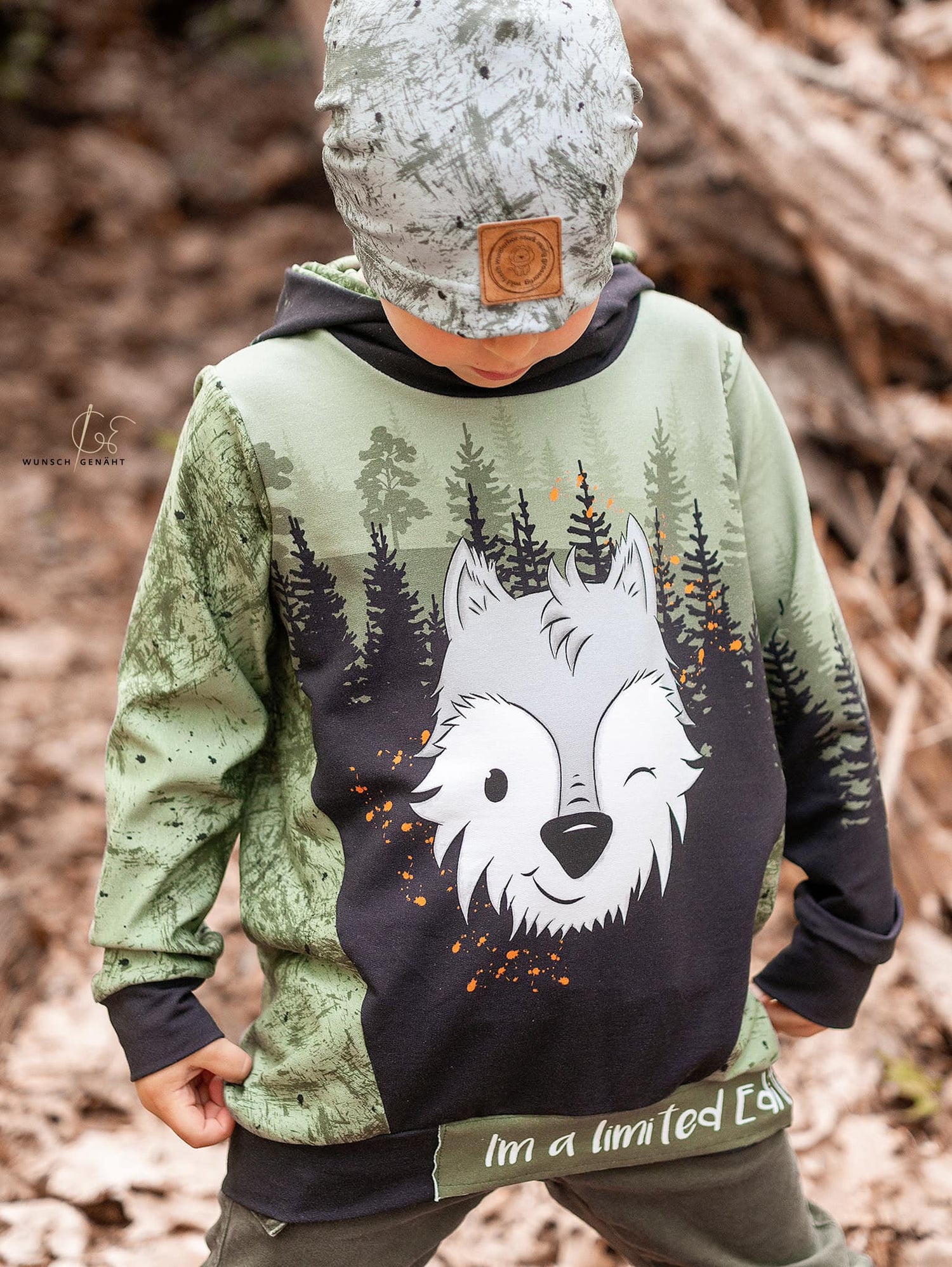 Bio-Sommersweat Limited Edition Waldfreunde Wolfi Wolf grün - Rapport ca. 60-65cm lang
