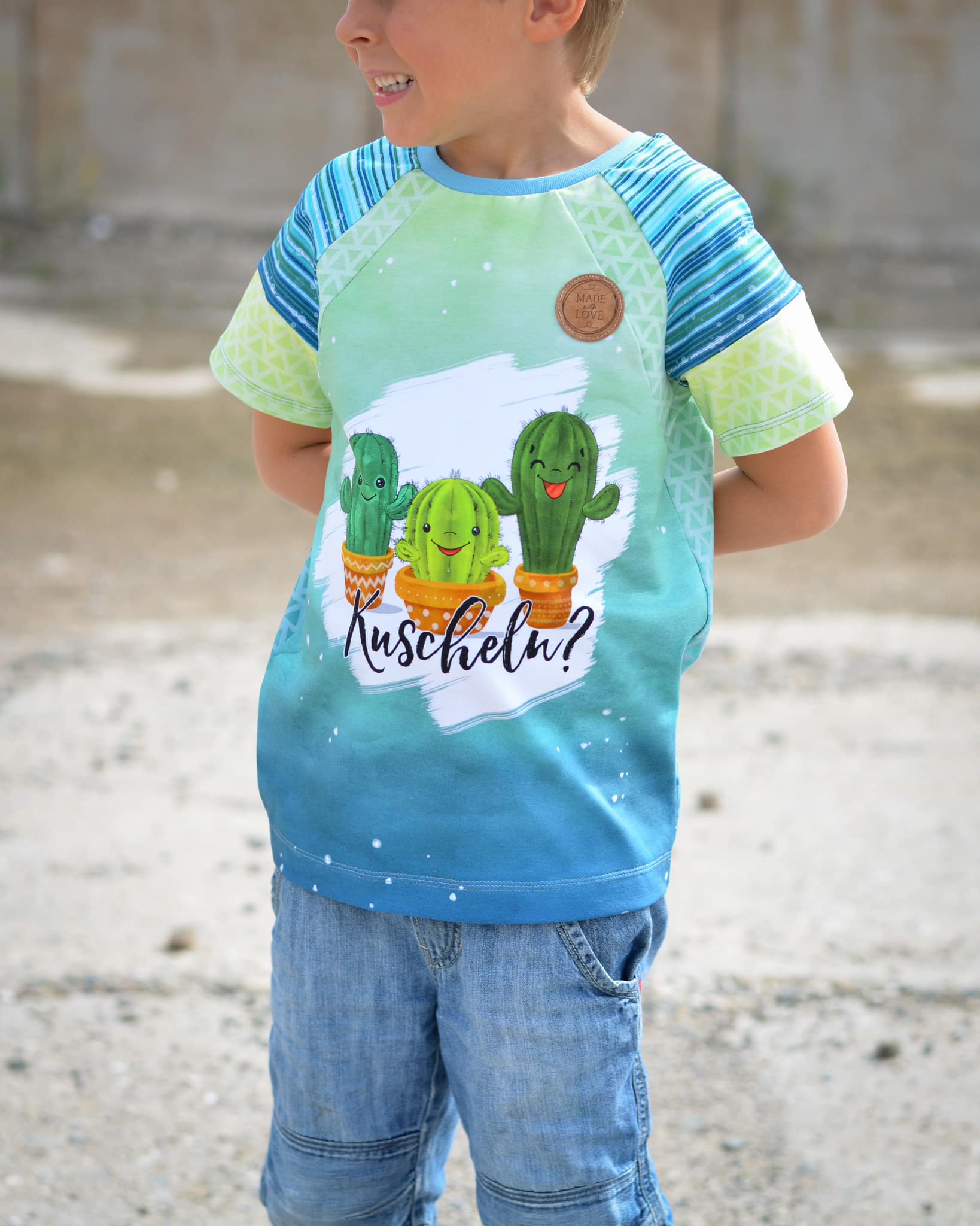 Bio-Jersey Kakteen &quot;Kuscheln?&quot; gelbblau 