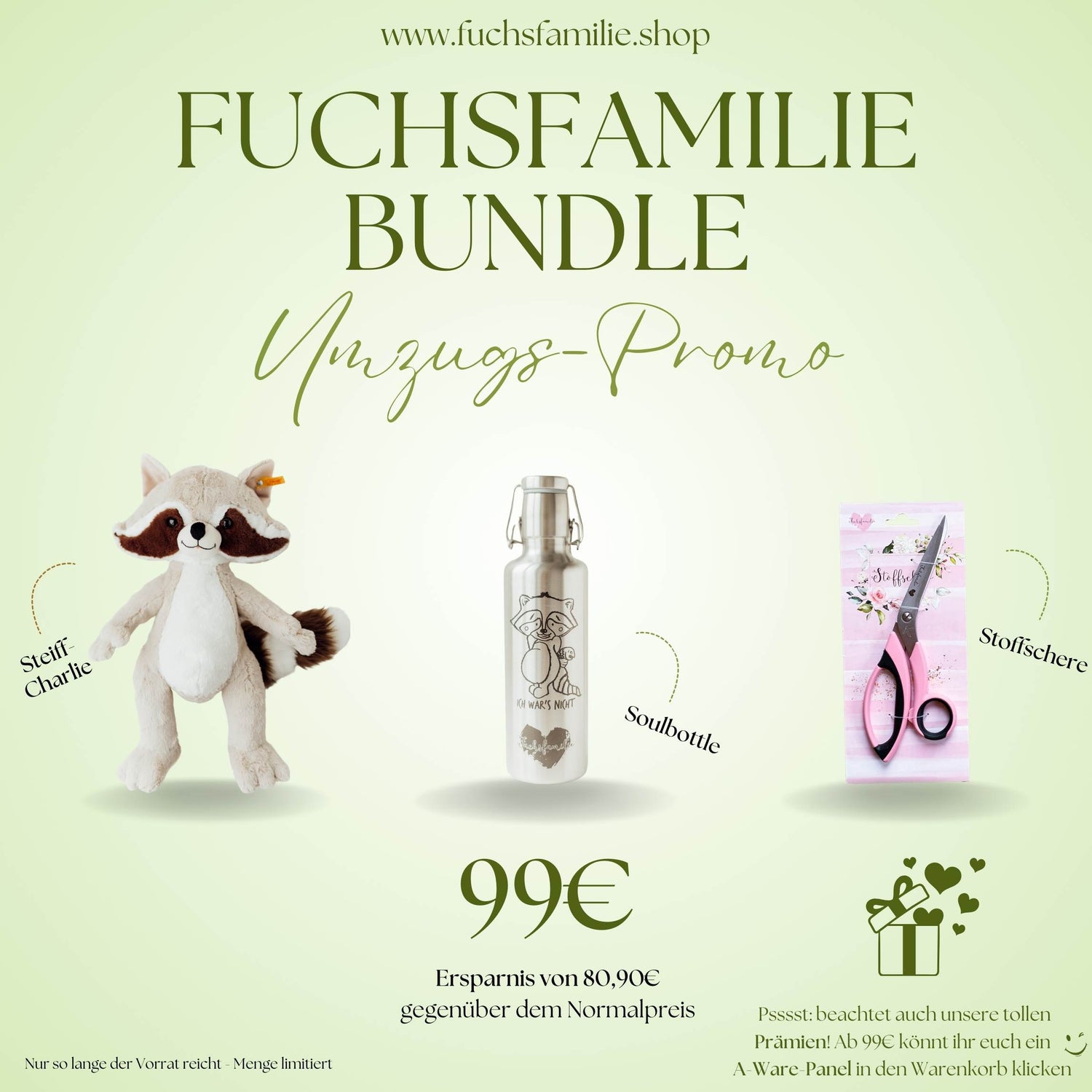 Fuchsfamilie Bundle: Steiff-Charlie, Soulbottle &amp; Stoffschere